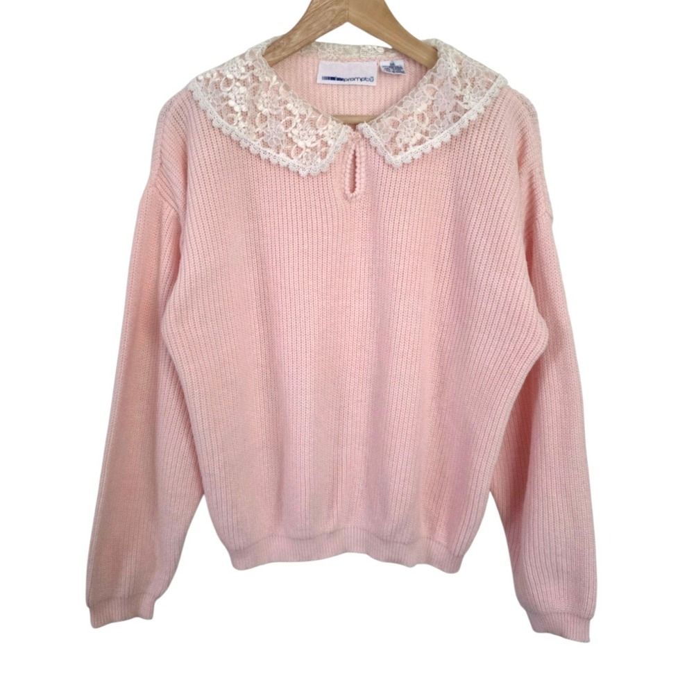 80s Vintage Impromptu Pastel Pink Lace Collar Sweater Women 36 Coquette Rib Knit